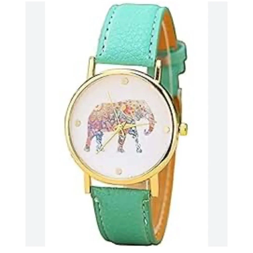 Teal Green Boho‎ Faux Leather Elephant Watch Womens Casual